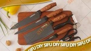 【GIFT BOX】 Kitchen Knife Set (Wood Handle) NON-STICK Surface Pisau Skin Peeler & Scissors