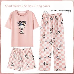 miiow | Pure Cotton Ladies Sleepwear Set With Chest Pad Short Sleeve Cool Feeling Thin Summer Home Clothes Three Piece Set Short Pants