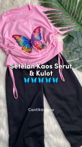 Setelan Kaos Serut Crop Top dan Kulot Anak Perempuan Kupu Kupu Umur 1-14 tahun