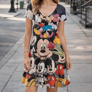 Disney | Party Dresses for Woman Clothing Disney Mickey Mouse V Neck Loose Dress Leisure Elegant Womens Dresses 2026 Trends Minnie Anime