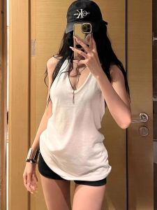 Áo Vest Hở Lưng Cổ Chữ V Thiết Kế Mỹ Dành Cho Nữ Mùa Hè Áo Khoác Ngoài Thanh Lịch Màu Trắng Cổ Tròn Tay Ngắn Cotton Pha Trộn