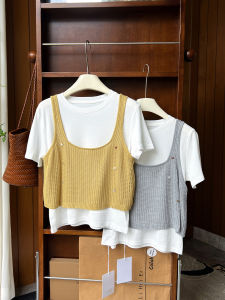 Áo thun AMILUCK dệt kim cổ tròn tay ngắn dáng rộng cotton thoáng khí cho nữ