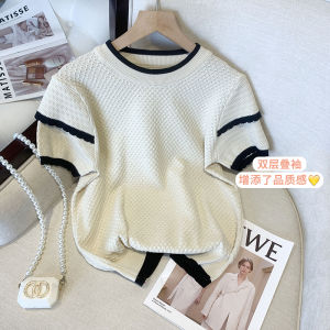 LUCKIN STORE Womens Stripe Short Sleeve T-shirt Korean Loose Knit Round-neck Tops Summer New Stripe Shirt Plus Size Tops