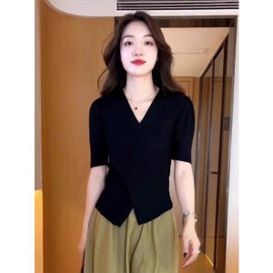 Summer Fashion French Elegant Cross V-Neck Short Sleeve Icy Silk Knit T-Shirt