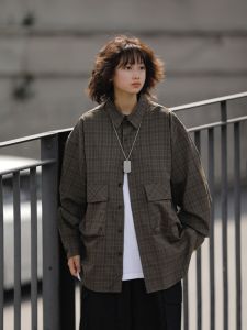 Spring & Fall Japanese-Style Retro Large Pocket Gingham Long Sleeves Shirt Men and Women Loose Couple Contrast Color Street Jacket Men