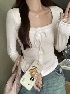 White Lace Trim Long Sleeve T-Shirt Womens Slim Fit Fashionable Base Shirt Top Square Collar Knot Design Autumn Commute Style