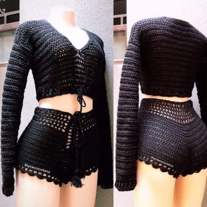 Handmade Crochet Long Sleeves top and shorts set Crochet Shorts