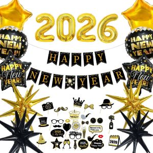 44Pcs Golden 16inch 2026 New Year Party Plastic Balloon Happy New Year Paper Flag Decoration Set