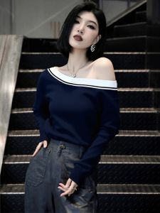 Autumn Winter Korean Style Commute Atmosphere Blue Shoulder Knitted Top Unique Not Repeating Fashion Age Reduction