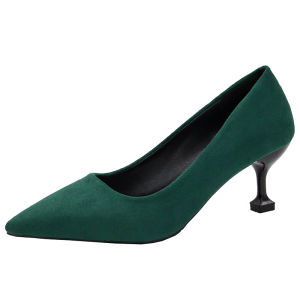 Womens Velvet Pointed Toe Single Shoes Thin Heel Medium Heel Fashionable Green Red Wedding Shoes Comfortable Slip-On Shoes