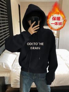 Black Fleece Lined Short Hoodie Womens Autumn Winter Thickened Casual Loose Fit Sweatshirt Outerwear round Neck Long Sleeve