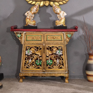 ไม้เนื้อแข็งรับประทานอาหารข้างตู้เก็บเฟอร์นิเจอร์แฮนด์เมดติดผนังตู้เก็บน้ำชาบูชาพระพุทธเจ้าแห่งความมั่งคั่งโต๊ะบูชามีลิ้นชักตู้ฟอยล์สีทองสองประตู