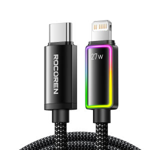 Rocoren PD 27W USB C to Lightning Cable 2.4A High Current Data Cord For iPhone 14 13 12 Pro Max X XR Fast Charging Charger Colourful Breathing Indicator Light For iPad USB-C Data Wire Cord
