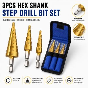 3pc HSS Step Drill Bit Set Cone Hole Cutter Taper Metric 4 - 12 / 20 / 32mm 1 / 4 Titanium Coated Metal Hex Core Drill Bits