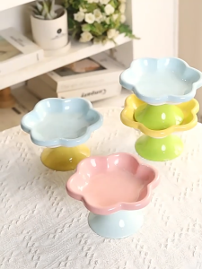 Flower Shape Pet Bowl Ceramic Elevated Feeder Neck Protection Anti Dump Cat Dog Food Water Dish Mangkuk Kucing