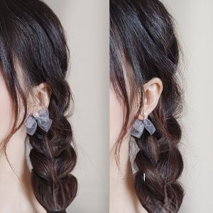 Original Design Gray Blue Lace Tulle Small Bowknot 925 Silver Pearl Earrings Ear Clip All-Match and Sweet Young Adult