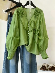 AEJUONOS | French Style Sweet V-neck Long Sleeve Loose Shirt with Design Sense Ruffle