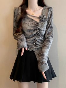 เสื้อยืดคอกว้างแขนยาวสำหรับผู้หญิง ทรงเข้ารูป ทรงเข้ารูป ฤดูใบไม้ผลิ 2025 เสื้อเชิ้ตลำลองแบบมีฮู้ด ทรงเข้ารูป