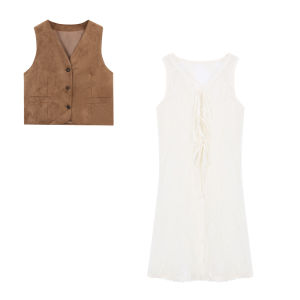 Fashionable Lace Belted Long Jacket And Vest Two-Piece Set for Women Summer Layering V-Neck Open Cardigan Stylish Ensemble