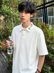 ZHUOCAN | White Embroidered Short Sleeve Polo Tshirt for Summer