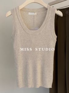 Áo Len Dệt Kim Cổ Chữ U Không Tay Thời Trang Cho Nữ Mùa Hè Ôm Vừa Vặn Áo Khoác Ngoài Ngắn Phong Cách Cổ Điển Chất Liệu Polyester