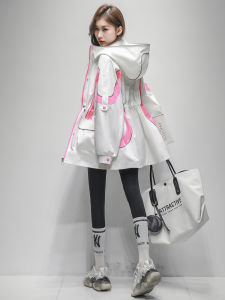 Elegant Womens Mid-Length Windbreaker Jacket Color Block Waist-Cinching Outerwear Polyester Fiber Long Sleeve Zipper Closure