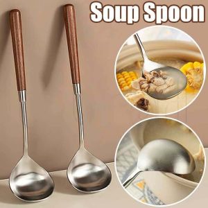 5Pcs Stainless Steel Wooden Handle Soup Spoon Thickened Long Handle Spoon Hot Pot Scoop Home Kitchen Tableware Cooking Utensil
