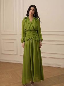 Elegant V-Neck Slimming Tea Dress Long Dress