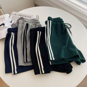 High Waist Cotton Sports Shorts Womens Casual Striped Pocket Pants Summer New Korean Style Wide Leg Elastic Waist Cargo
