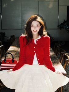 SUHUIQIAN | Pretty Petite Friendly Red Knit Cardigan