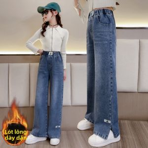 Quần Jeans Denim Lưng Cao Ôm Vừa Vặn Dáng Rộng Cho Bé Gái Quần Dài Mùa Thu Đông Quần Dài Thường Ngày Cho Bé Gái Quần Jeans Denim