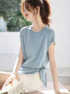 MOHANYIMEI | Structure Wrinkle Bind Neck Short Sleeve Summer New Casual Tshirt
