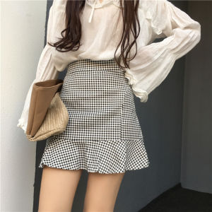 High Waist A-Line Mini Skirt Anti-Light Checkered Half Body Slimming Fish Tail Summer New Style Commute Simple Pattern