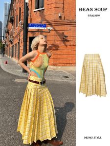 กระโปรงสั้นลายสก็อตสีเหลืองเอวสูง กระโปรงทรงเอ กระโปรงยาวคลุมเข่า กระโปรงผู้หญิง ฤดูร้อน 2023 กระโปรงทรงเอ