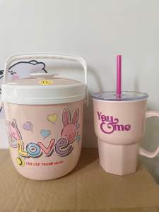 Combo bình giữ nhiệt mini 1lit + Ly nhựa kèm ống hút màu hồng pastel