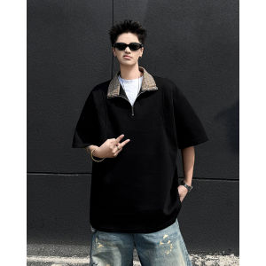 Black Heavyweight Half Zip Color Block Polo Shirt Short Sleeve Mens Summer Structured Casual Loose Fit T-Shirt Breathable