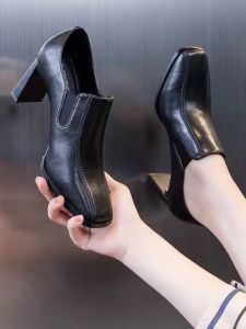 Black mid Heel High Heels Womens Shoes British Style Versatile Roman Style Flat Bottom Rubber Outsole Ultra Thin Fiber Lining