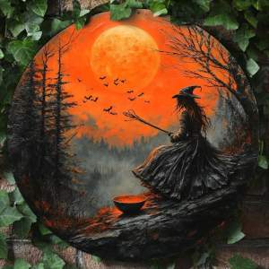 CIFbuy | Scary Halloween Witch on Broomstick Sign - Aluminum Wall Art Black & Orange Round Wreath for Home Decor and Party