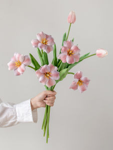 High-End Tulip Artificial Flowers Bouquet Living Room Decorative Flower Vase Photography Props PU Moisture Hand Feeling