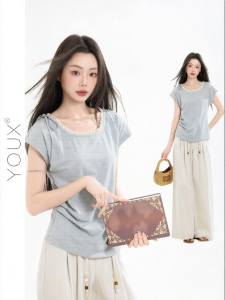 YOUXIANG | Áo Thun cổ tròn Vintage Pháp Dễ Thương Slim