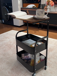 ICIC Multifunctional Mobile Bedside Trolley Storage Rack with Wheels Rolling Cart Wooden Top Snack Organizer Shelf Bedroom Sofa Side Table