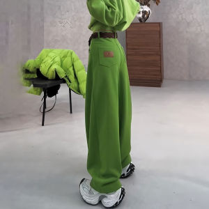 WUQINGWUCAI | Green Big Size Womens Wide Leg Casual Pants Spring Lazy Style Plush
