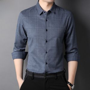 ROMON | Lormen Mens Long Sleeve Shirt Casual No Ironing Plaid Pattern Spring Autumn New Style Business Casual Mid-aged Dad Shirt