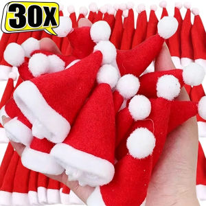 30pcs Mini Santa Claus Hat Wine Bottle Cover  / Christmas Hat for Fork Knife Tableware Decorations / DIY Plush Xmas Hat Decoration Supplies / for Christmas New Year Festival Party
