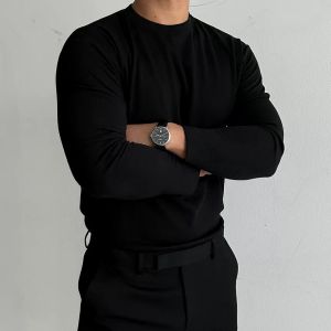 Mens Autumn Winter Half High Collar Pure Color Base Shirt Warm Casual Sports Fitness Hoodie White Outerwear Elastic Long Sleeve