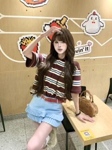 VKSOD | Retro Striped Polo Neck Short Sleeve T-Shirt Womens Summer Hot Girl Style A-Line Pleated Skirt Two-Piece Set Buttoning Closure