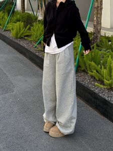 กางเกงขายาวทรงหลวมสไตล์เกาหลีสำหรับผู้หญิง กางเกงขายาวทรงตรงลำลอง กางเกงขายาวทรงหลวมสำหรับใส่ออกกำลังกายในฤดูใบไม้ผลิและฤดูใบไม้ร่วง