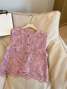 เสื้อเชิ้ตแขนกุดปักลูกไม้สไตล์ฤดูร้อน ทรงหลวม สีสันสดใส แขนกุด ปิดด้วยกระดุมเดียว สไตล์วินเทจ สำหรับผู้หญิง