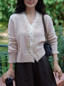 QINGNAER | French Style Lace Trim Plus Size Womens V-Neck Slim Fit Knitted Cardigan
