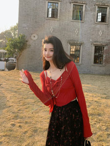 Comfortable Knitted Set Womens Early Autumn Mesh Floral Half Skirt Three-piece Set Soft Red French Vintage Style Ensemble